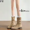 En stock~ Versión de piel de vaca en color marrón Maillard para botas de mujer, botas con tacón grueso y corte en V para estilizar, con pliegues superpuestos, botas de cowboy occidentales
