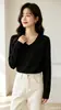 Camiseta blanca para mujer de algodón 92% Lycra, modelo nuevo 2026, cuello en V, corte holgado, capa base, manga larga, elástica