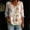 Nova camisa feminina transfronteiriça estampada de manga longa com botões e decote em V, elegante e estilosa para o trabalho, blusa casual única e da moda