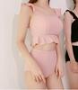 Traje de baño nuevo de Corea del Sur 2020, bikini sexy de cintura alta con volantes de color sólido dividido, traje de baño conservador para mujer