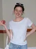¡Estilo de manga corta~! Camiseta de manga corta off-the-shoulder a rayas azules y blancas, estilo perezoso, para mujer, top holgado de verano S366