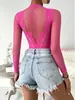 Body de Encaje de Cuello Alto Transparente Europeo y Americano para Mujer, Camiseta Base Ajustada Atrevida, Top Interior Sexy Hueco