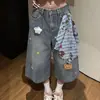 Bufanda a Cuadros con Oso Bordado Estilo Americano Pantalones Vaqueros Cropped para Mujer 2026 Pantalones Rectos de Pierna Ancha Sueltos Finos de Largo Medio