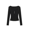 Estilo Americano Sexy Gola U Grande Botão Manga Longa Camisa Base Top Feminino Outono Inicial Novo Stretch Slim-fit Roupa Externa Camiseta Top