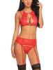 Nuevo Conjunto de Lencería Sexy de Encaje con Pestañas, Conjunto de Tres Piezas de Sujetador y Bragas Eróticas con Ligueros para Mujeres, Listo para Enviar