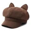 Novo Boina Octogonal Bordada Fofa de Orelha de Gato Chapéu Feminino Outono Inverno Circunferência da Cabeça Grande Versátil Emagrecedor Boina de Jovem