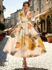 2026 E-commerce Transfronteiriço Amazon Novo Produto Elegante Temperamento Estampado Decote V Cintura Marcada Manga Longa Cinto Vestido Longo