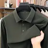 Camiseta masculina de manga longa escovada dupla face, cor sólida, gola dobrável, polo casual de negócios, primavera e outono, sem nylon, camiseta sem amassar