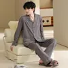 Pijama para hombre, estilo primavera y otoño, algodón puro, manga larga, pantalón largo, cuello de solapa, cárdigan, simple y casual, se puede usar afuera, conjunto de ropa para el hogar