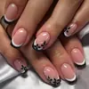 Uñas Vestibles Florales Francesas en Blanco y Negro Manicura Cuadrada Nude Flores Francesas Bicolor Uñas Postizas Desmontables