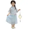 Conjunto de Traje Tang de Manga Corta Estilo Chino Nuevo para Niñas Hanfu 2026 Modelo Nuevo Vestido de Gasa Estilo Nacional para Niños Atuendo de Verano para Actuación de Bebé