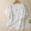 Foto Real de Tops de Algodón y Lino de Alta Gama Europeos con Bordado Pesado para Mujer, Suéteres de Cuello Redondo y Manga Corta, Camisetas Sueltas Casuales Literarias y Artísticas