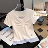 Top de algodón puro con diseño de retazos, manga corta, bordado, fruncido, ribete de encaje, imitación de dos piezas, a cuadros, corte ajustado, verano 2026