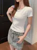 Camiseta Dopamina de Verão Estilo Coreano Feminina Gola U Manga Curta, Top Liso Slim Fit para Figuras Baixas