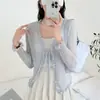 Cardigã de Malha Fina de Bambu e Linho Manga Longa Roupa de Verão 2025 Curto Camisa para Ar Condicionado Xale de Proteção Solar Top para Mulheres Tendência