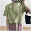 Camiseta Listrada Vintage Feminina Manga Curta Verão 2024 Nova Moda Estilo Coreano Solta Descontraída Gola Redonda Top Básico