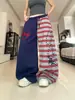 Calça de moletom listrada estilo retrô americano para mulheres, calça de dança jazz para primavera e outono, cintura elástica, perna larga, solta, modeladora, esportiva casual