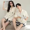 Pijama de Algodón Puro de Moda para Pareja, Ropa Exterior de Manga Corta para Mujer, Conjunto de Shorts y Cárdigan de Verano para Hombre, Ropa de Casa Holgada