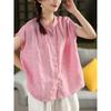 Camisa Vintage de Lino Teñido en Hilo de Alta Resistencia para Mujer, Elegante Top de Manga Corta con Cuello Mao y Botonadura Sencilla