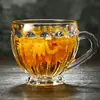 Taza de té de flores de cristal estilo europeo resistente al calor para uso doméstico anti-quemaduras, taza para jugo, juego de vasos de agua de lujo ligero, taza resistente a altas temperaturas