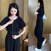 Traje Moderno Redutor de Idade Feminino 2024 Estilo Coreano Verão Novo Top de Manga Curta com Cintura Apertada Calça de Perna Larga Conjunto Casual de Duas Peças para Mulheres
