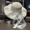 Sombrero de Paja de Verano para Mujer con Lazo de Encaje, Sombrero para el Sol con Protección Solar para Exteriores, Sombrero para Vacaciones en la Playa, Sombrero Tipo Cubo Versátil de Ala Ancha