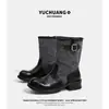 Novas botas Martin estilo retrô britânico 2026, botinhas femininas, botas de cano médio com retalhos de couro genuíno, salto grosso, solado grosso, botas de montaria