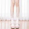 Meias de renda Lolita com cano alto para primavera e outono com fita de laço meias de cano alto estilo ballet branco meias de cano médio jk