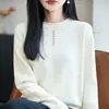 Top de punto 100% algodón para mujer, cuello redondo, manga larga, dobladillo enrollado, estilo casual, capa base cálida, top versátil de algodón puro