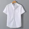 Camisa de Manga Corta de Algodón Lino para Hombre Verano Viento Lino Casual Color Sólido Simple Cuello Pequeño Top para Hombre