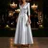 2026 Elegante Vestido de Noche de Satén con Escote en V y Mangas Tres Cuartos, Corte A, Ceñido a la Cintura, Formal para Banquetes, Novia, Vestido de Boda