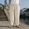 Calças Casuais Masculinas de Verão Estilo Chinês, Corte Amplo, Calças Harem Tamanho Grande, Calças Longas de Algodão e Linho, Respiráveis e Frescas