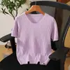 Nuevo de verano 100% algodón cuello redondo tejido estilo coreano manga corta holgado elegante fino versátil top camiseta para mujer