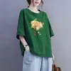 Camiseta de Manga Curta Estilo Chinês Novo para Comércio Exterior Transfronteiriço, Blusa Solta Plus Size para Mulheres Curvilíneas, Esconde a Barriga, Efeito Emagrecedor