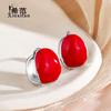 Pendientes de clip con forma de huevo de paloma roja en plata de ley s925 para mujer, diseño de nicho ovalado de epoxi, pendientes de Año Nuevo con un gran sentido del humor.