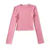 Ombligo Cuello Pequeño Hilo Agujero Raya Manga Larga Ajustado Corto Cintura Alta Color Sólido Camiseta Base Top Camiseta para Mujer