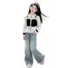 Conjunto de Moda de Primavera y Otoño para Niñas: Camisa Blanca de Manga Larga y Jeans, Atuendo de Moda para Niños Mayores, Popular Conjunto de Dos Piezas para Regreso a Clases
