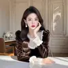 Otoño e Invierno Nuevo Estilo Terciopelo Dorado Empalme Encaje Elegante Casual Camiseta Básica para Cubrir el Vientre Celebridad de Internet