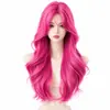 Peluca de estilo INS europeo y americano rosa intenso, onda grande, cabello largo rizado, seda de alta temperatura, accesorio de cosplay para actuación de grupo de chicas