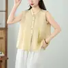 Camisa vintage sin mangas de ramio para mujer, top fino de color liso para verano, artístico y versátil, blusa elegante de talla grande