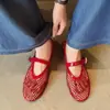 Sandalias de Malla con Pedrería para Mujer Zapatos Mary Jane Primavera Nueva Piel Genuina Malla Punta Redonda Tacones Planos Sandalias de Malla para Mujer Mujer