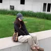 Chegada Nova da Primavera Estilo Americano cáqui Calça Jeans Reta Estreita Dobrável Feminina Cintura Alta Solta Emagrecimento Calça de Perna Larga