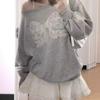Moletom Cinza Estilo Preguiçoso Chic Coreano com Ombro Caído para Mulheres Outono e Inverno Laço de Renda Estilo Suave Top de Manga Longa com Forro de Lã