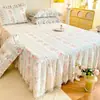 Saia de Cama de Algodão Puro com Acabamento de Renda Estilo Coreano Peça Única Todo Algodão Lençol de Cama de Verão Cobertura de Cama Universal para Todas as Estações Conjunto de Três Peças Estilo Princesa