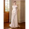 Vestido de Novia Ligero Satinado Estilo Francés Hombros Descubiertos, Vestido de Novia Sencillo, Estilo Ultra de Hada, Vestido Blanco Sirena Ajustado