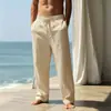 Pantalones de Algodón y Lino Texturizado Estilo Old Money para Hombre de Amazon Transfronterizos, Pantalones Rectos Finos de Verano con Cordón Elástico, Versátiles y con Buena Caída