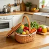 Cesta de almacenamiento de ratán, cesta de compras portátil, cesta de picnic al aire libre, cesta de almacenamiento con tapa, cesta de regalo para comprar verduras, cesta de frutas