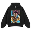 Sudadera con capucha con estampado de anime de dibujos animados, estilo lavado vintage y desgastado, corte extragrande, sudadera de cuello redondo de anime de moda