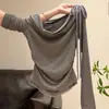 Camiseta de Manga Larga con Hombro Asimétrico Descubierto Estilo Coreano Parche de Falso Dos Piezas Lunares Nuevo Diseño de Temporada Primavera/Otoño Top Adelgazante ins