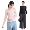 Camiseta de Manga Larga de Verano con Cuello Bardot para Mujer, Camiseta Básica Ligera Casual Holgada, Top Versátil Casual Ajustado